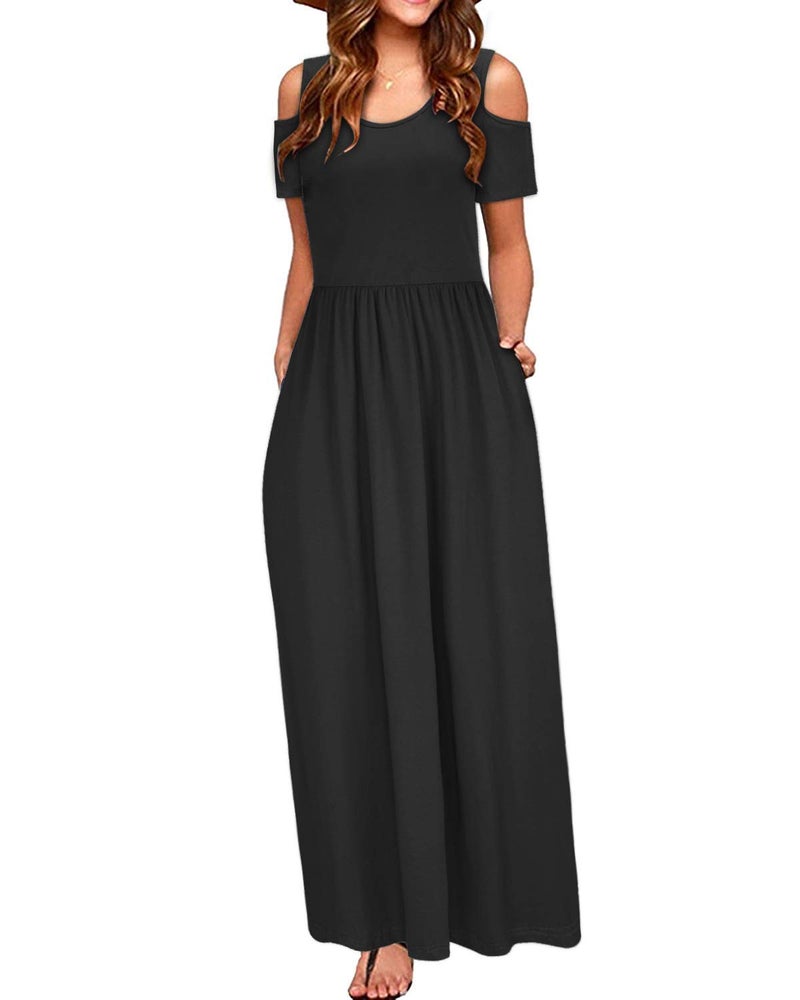 STYLEWORD Womens 2024 Fashion Summer Black Cold Shoulder Short Sleeve Casual Maxi Long Dress with Pocket(Black,XXL) - Image 1